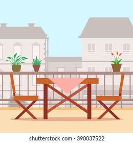 Table and chairs on the balcony. Flat style vector illustration.