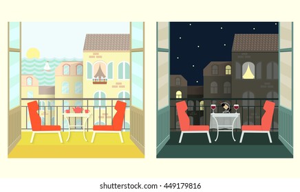 Table and chairs on the balcony. Morning and evening.Flat style vector illustration.