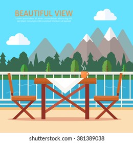 Table and chairs on the balcony with nature landscape. Flat style vector illustration.
