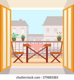 Table and chairs on the balcony. Open door view. Flat style vector illustration.