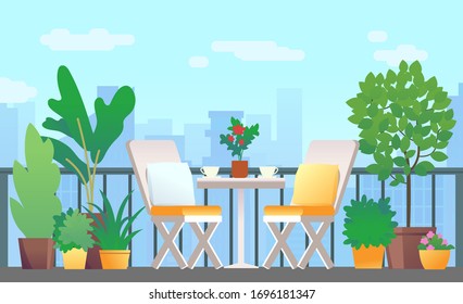 Table and chairs on the balcony with plants. Modern city on background. Flat style vector illustration.