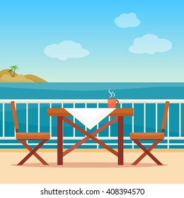 Table and chairs on the balcony with sea landscape.  Beach chair with sea on background. Flat style vector illustration.