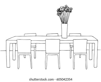 Table and chairs. On the table vase of flowers. Vector illustration. Hand drawn.