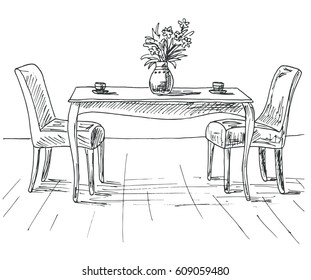 Table and chairs. On the table vase of flowers. Vector illustration. Hand drawn.