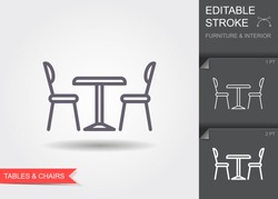 Стол и стулья. Значок контура с редактируемой обводкой. Линейный символ мебели и интерьера с тенью