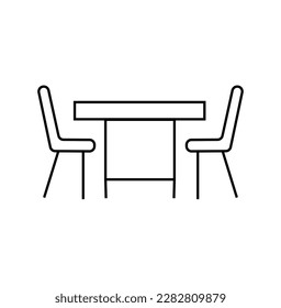 Table and chairs. Outline icon with editable stroke. Linear symbol of the furniture and interior with . one line drawing of armchair and table with vase with plant. Scandinavian .