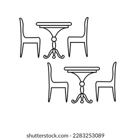 Table and chairs. Outline icon with editable stroke. Linear symbol of the furniture and interior with . one line drawing of armchair and table with vase with plant. Scandinavian .