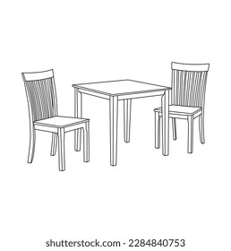 Table and chairs. Outline icon with editable stroke. Linear symbol of the furniture and interior with . one line drawing of armchair and table with vase with plant. Scandinavian .
