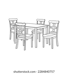 Table and chairs. Outline icon with editable stroke. Linear symbol of the furniture and interior with . one line drawing of armchair and table with vase with plant. Scandinavian .