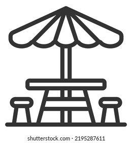 Table, chairs and parasol, seating area - icon, illustration on white background, outline style