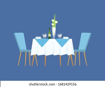 Table with chairs, serving for couple with plates, filled and empty champagne glasses and bottle. Desk decorated by tablecloth and flowers vector