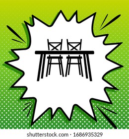 Tisch- und Stühle-Schild. Schwarzes Symbol auf weißem Popart Splash auf grünem Hintergrund mit weißen Flecken. Illustration.