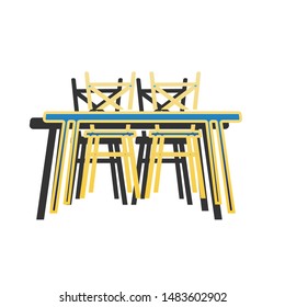 Table and chairs sign. Blue icon with gold contour with dark gray shadow at white background. Illustration.
