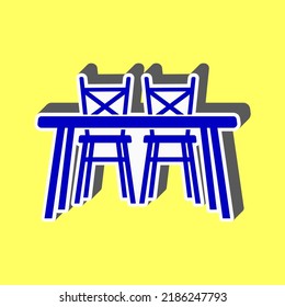 Table and chairs sign. Blue Icon with white stroke in 3d at yellow Background. Illustration.