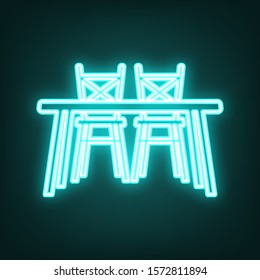 Table and chairs sign. Cyan neon icon in the dark. Bluring. Luminescence. Illustration.