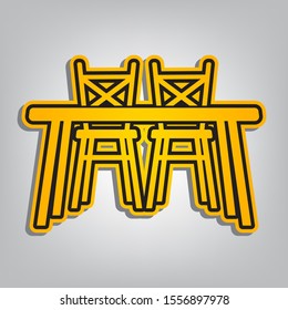 Table and chairs sign. Flat orange icon with overlapping linear black icon with gray shadow at whitish background. Illustration.