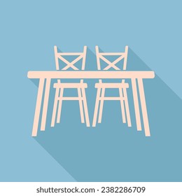 Table and chairs sign. Unbleached silk Icon with very long shadow at dark sky blue background. Illustration.