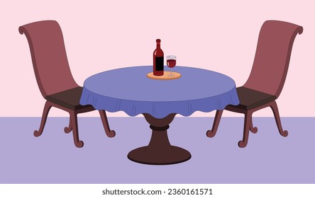 Table and chairs for two people. Bottle of wine and one glass. Vector illustration in flat style isolated on  colored background