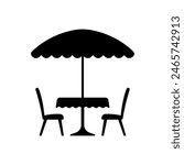 Table, chairs and umbrella icon. Black silhouette. Front side view. Vector simple flat graphic illustration. Isolated object on a white background. Isolate.