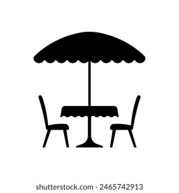 Table, chairs and umbrella icon. Black silhouette. Front side view. Vector simple flat graphic illustration. Isolated object on a white background. Isolate.