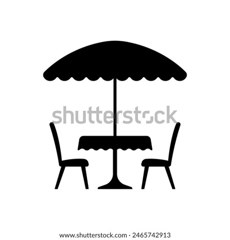 Table, chairs and umbrella icon. Black silhouette. Front side view. Vector simple flat graphic illustration. Isolated object on a white background. Isolate.