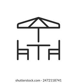 Table with chairs and umbrella, linear style icon. Outdoor dining. Editable stroke width