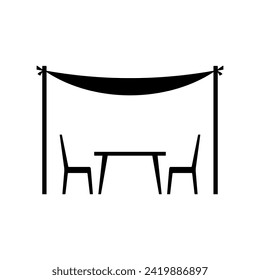 Table and chairs under a canopy icon. Black silhouette. Front side view. Vector simple flat graphic illustration. Isolated object on a white background. Isolate.