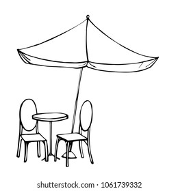 Table and chairs under sun umbrella. Vector sketch  illustration