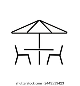 Table and chairs under sun umbrella icon. Vector in flat design.