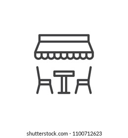 Table and chairs under umbrella outline icon. linear style sign for mobile concept and web design. Outdoor street cafe simple line vector icon. Symbol, logo illustration. Vector graphics