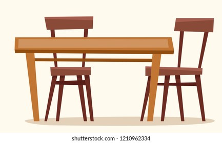 Table with chairs. Window with curtain. Flat cartoon style vector illustration.
