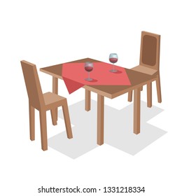 table and chairs, wine glasses on the table 