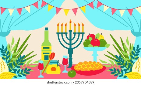 Table with Challah, candles, honey and apples is set in a hut, Jewish fall holiday Sukkot. 