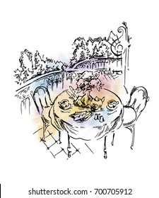 Table and charis on balcony. Paris vector illustration on watercolor background.
