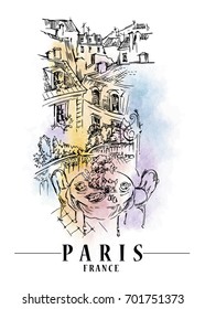 Table and charis on balcony. Paris vector illustration on watercolor background.