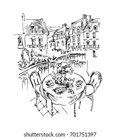 Table and charis on balcony. Vector artwork. Isolated on white background.