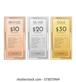 Table chart comparison in gold, silver and bronze templates for commercial business. web services and applications. Pricing plan template interface for website, banners, hosting, ui, ux, mobile app.