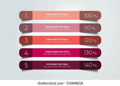 Table, chart, schedule design template with 5 row. Vector banner.