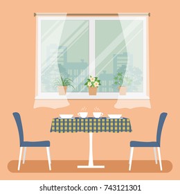 A table with a checkered tablecloth and two blue chairs on a window background. On the windowsill there are pots with room flowers. Vector illustration