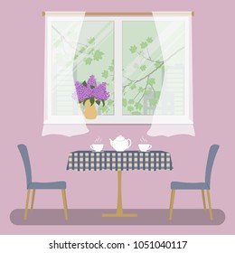A table with a checkered tablecloth and two purple chairs on a window background. Outside the window there are trees branches with green leaves. There is a bouquet of lilacs on the windowsill. Vector