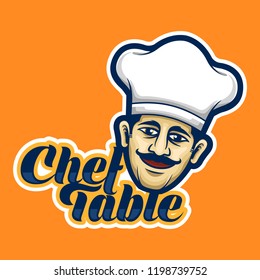 Table Chef with Mustache Cartoon Logo, Emblem, Badge, Patch Stock Vector Illustration