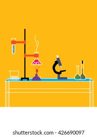 Table with the chemical tools and tubes. Chemical icons. Vector illustration. Back to school.