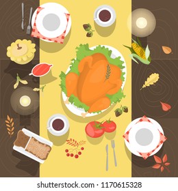 Table with the chicken or turkey and bread top view. Meal on the wooden table. White dishes and coffee cups. Vector illustration in cartoon style.