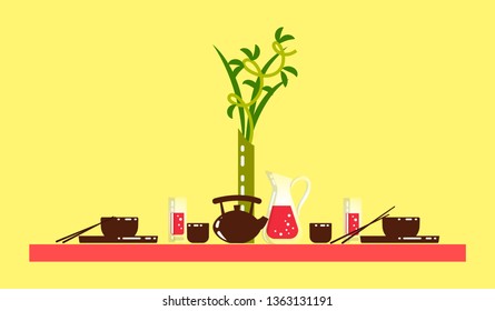 Table with Chinese food vector, served plates and teapot. Serving of Japanese cuisine, ceramic bowl with chopsticks and vase with bamboo leaves sticks