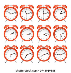 Reloj de mesa con horarios diferentes. 12 horas. Día. Reloj de alarma. Reloj rojo pequeño. Llama. Cuenta regresiva. Ilustración vectorial.