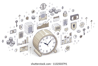 Table Clock isolated on white background, timeline, business deadline, time is money concept. Isometric 3d vector finance illustration with icons, stats charts and design elements.