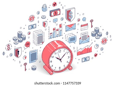 Table Clock isolated on white background, timeline, business deadline, time is money concept. Isometric 3d vector finance illustration with icons, stats charts and design elements.
