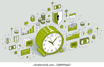 Table Clock isolated on white background, timeline, business deadline, time is money concept. Isometric 3d vector finance illustration with icons, stats charts and design elements.