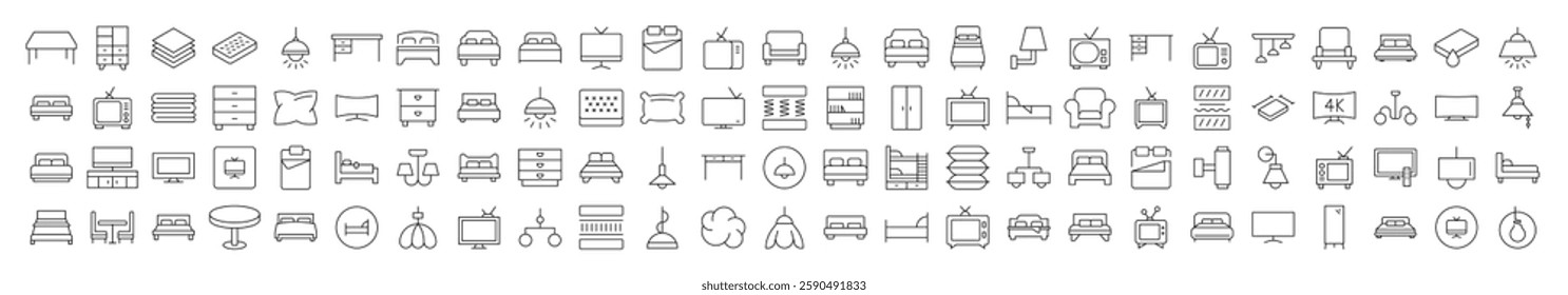 Table, Closet, Chandelier, TV Set, Mattress Simple Icon Collection. Editable Stroke. Perfect for Infographics, Articles, Books, Flyers, Banners