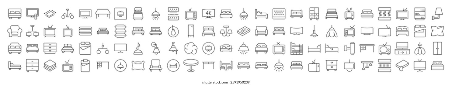 Table, Closet, Chandelier, TV Set, Mattress Line Icon Collection. Editable Stroke. Perfect for Infographics, Articles, Books, Flyers, Banners